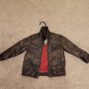 New York Classics Boys Brown Faux Leather Bomber Jacket 3T Lined Zipped Pockets